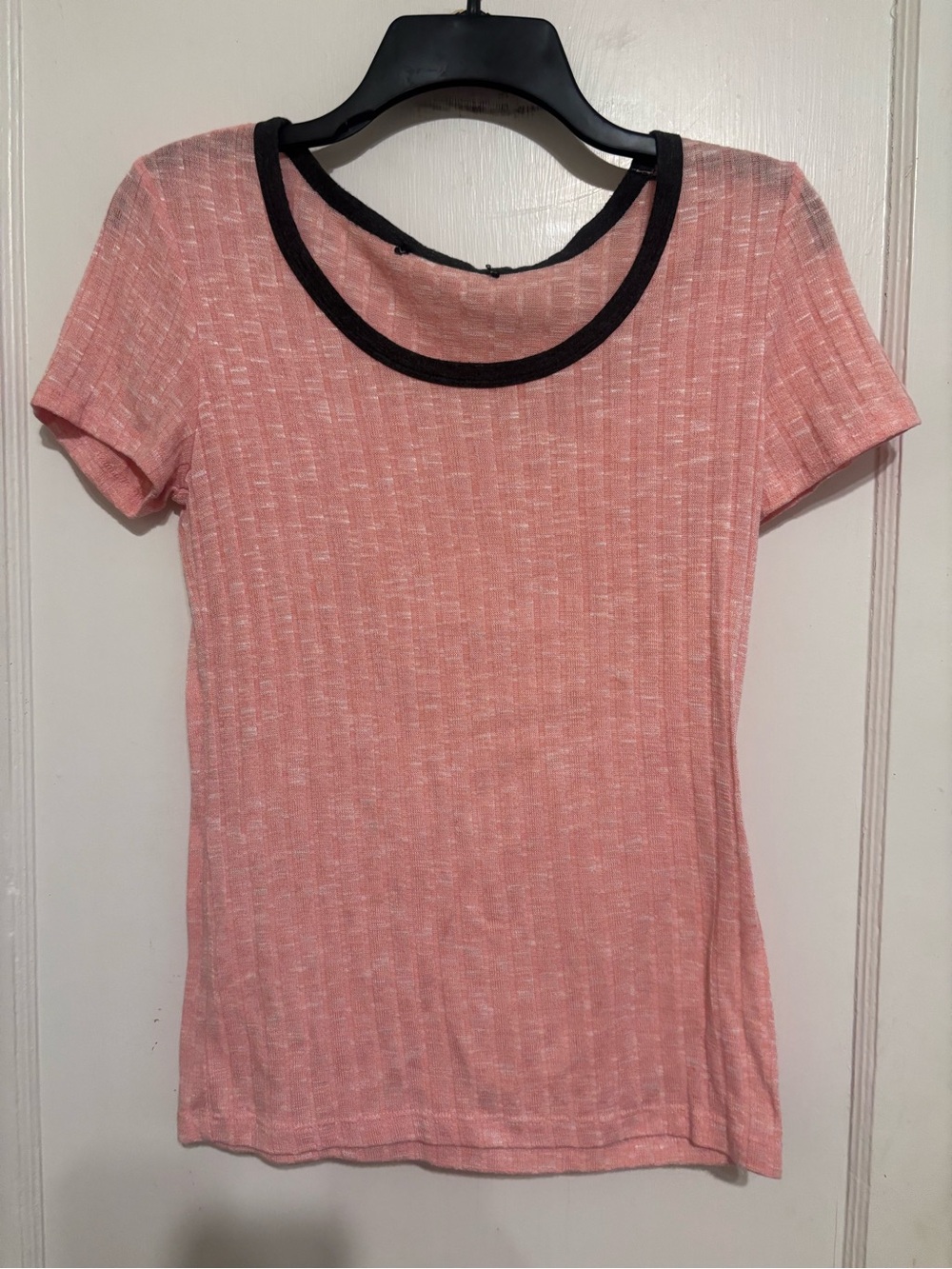 Soft Ribbed Short-Sleeve Pink Top with Black Trim
